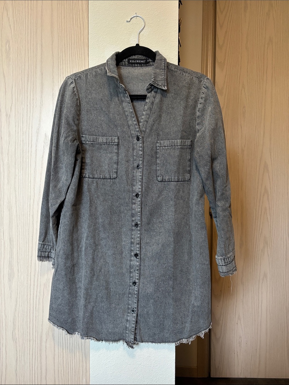Zilcremo Washed Gray Long Sleeve Shirt Dress